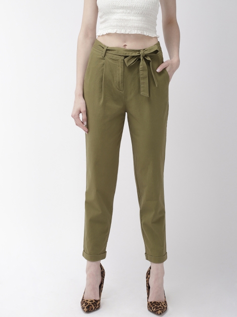 

FOREVER 21 Women Olive Green Regular Fit Solid Chinos