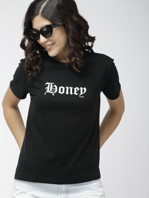 

FOREVER 21 Women Black Printed Round Neck T-shirt