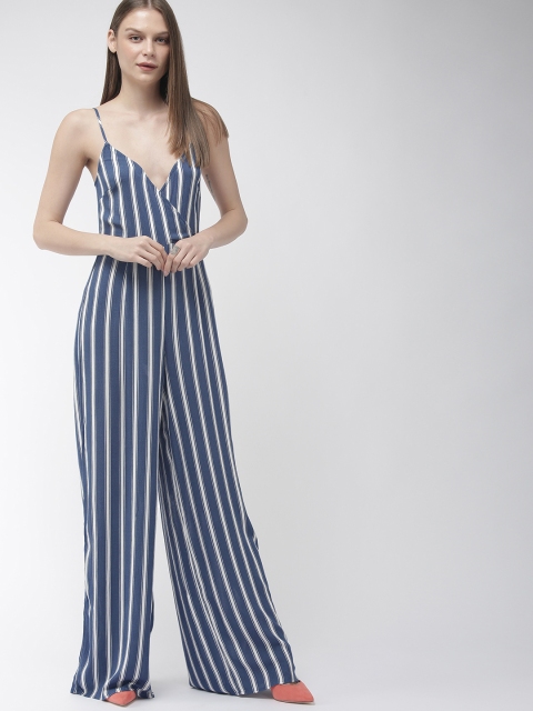 

FOREVER 21 Women Blue & White Striped Basic Jumpsuit