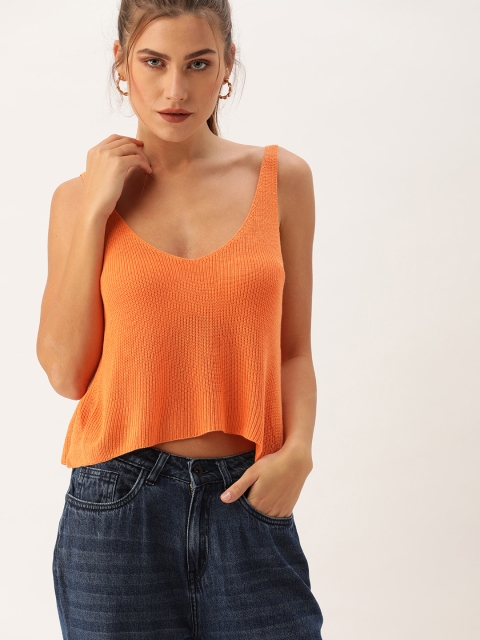 

FOREVER 21 Women Orange Solid Knitted Crop Top