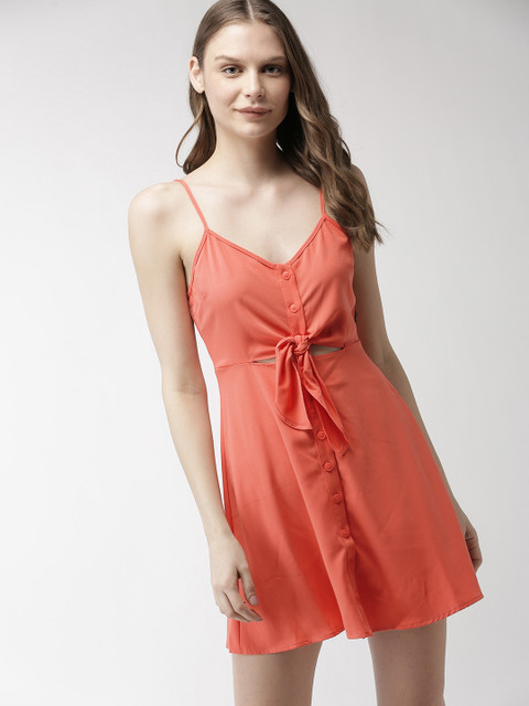 

FOREVER 21 Women Coral Orange Solid A-Line Dress