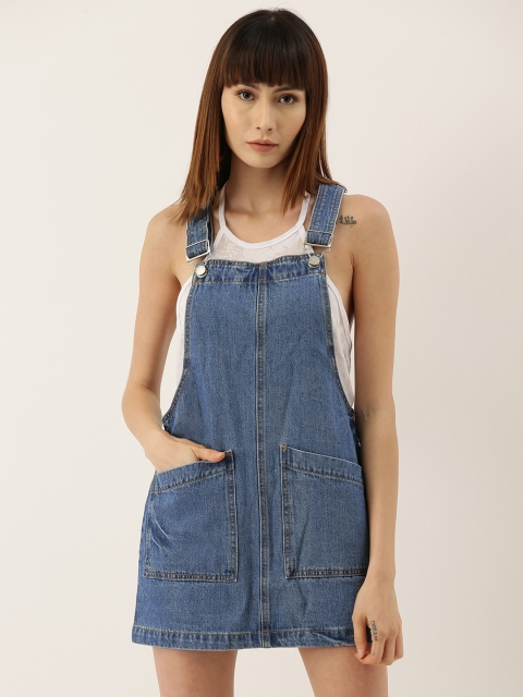 

FOREVER 21 Women Blue Solid Denim Pinafore Dress