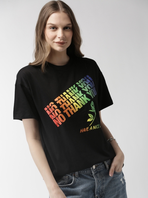 

FOREVER 21 Women Black Printed Round Neck Pure Cotton T-shirt