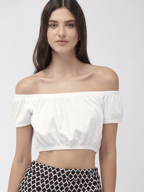 

FOREVER 21 Women White Solid Bardot Crop Pure Cotton Top