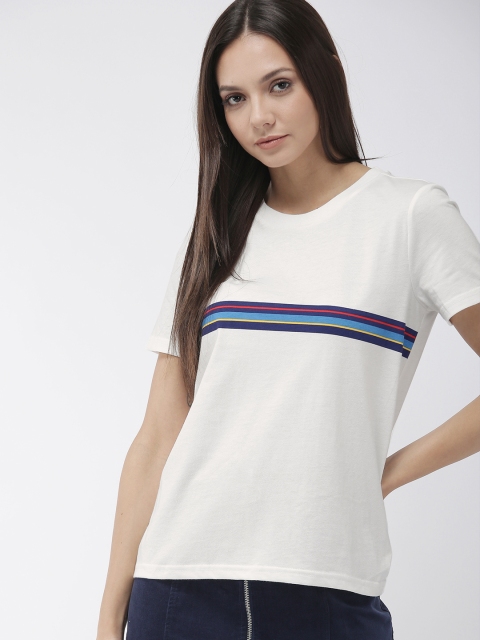 

FOREVER 21 Women White Striped Round Neck T-shirt