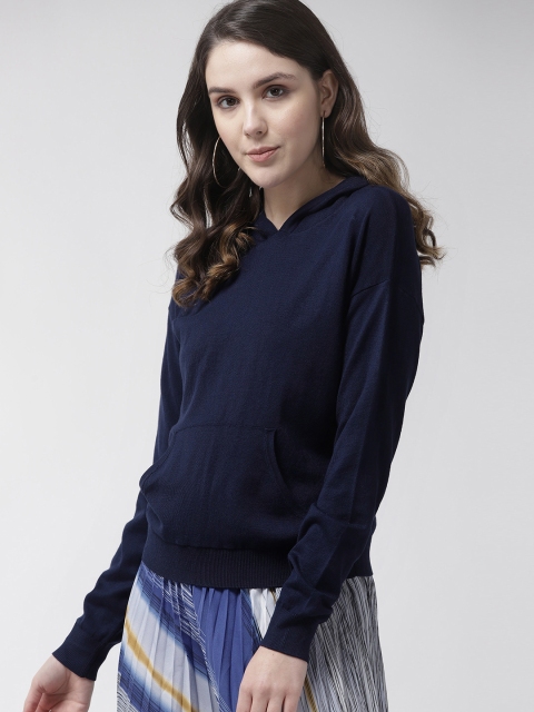 

FOREVER 21 Women Navy Blue Solid Hooded Sweater