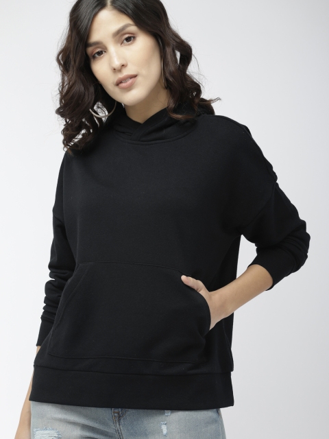

FOREVER 21 Women Black Solid Hooded Sweatshirt