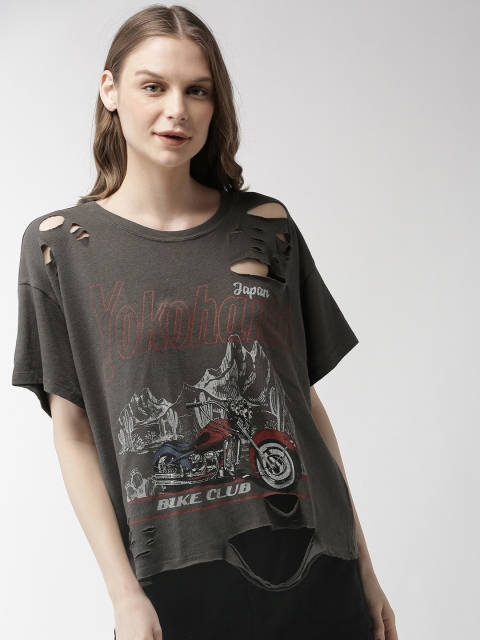 

FOREVER 21 Women Charcoal Printed Torn-Out Loose T-shirt
