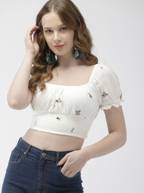 

FOREVER 21 Women White Embroidered Fitted Smocked Crop Top
