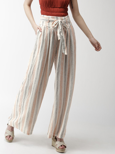 

FOREVER 21 Women Rust Orange & White Striped Parallel Trousers