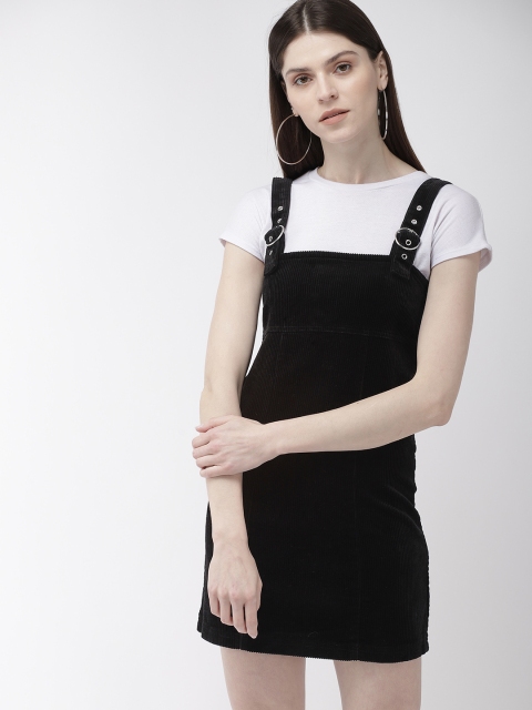 

FOREVER 21 Women Solid Black Corduroy Pinafore Dress