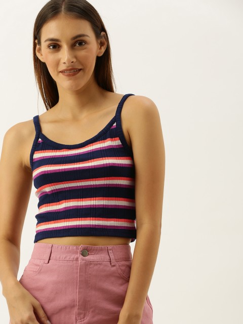 

FOREVER 21 Women Navy Blue & Cream-Coloured Striped Crop Top