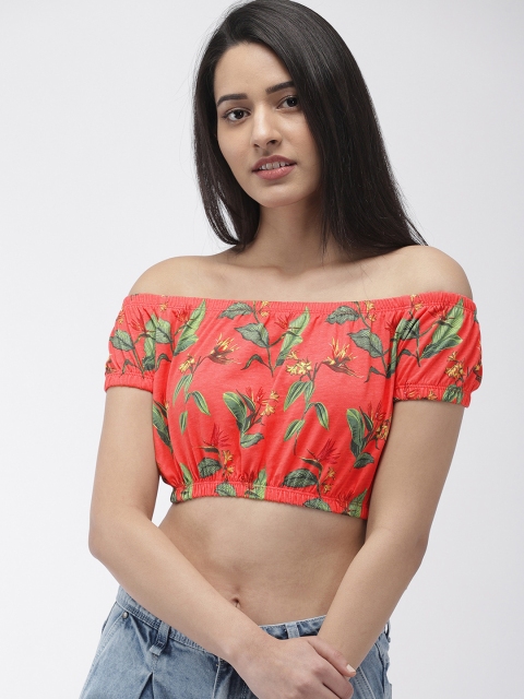 

FOREVER 21 Women Red & Green Printed Bardot Crop Pure Cotton Top