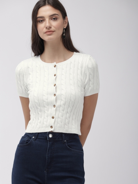 

FOREVER 21 Women White Self Striped Cardigan Sweater