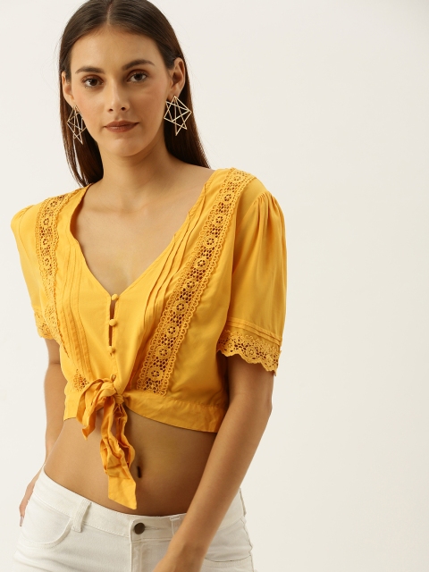 

FOREVER 21 Women Mustard Yellow Solid Cropped Cinched Waist Top With Lace Inserts