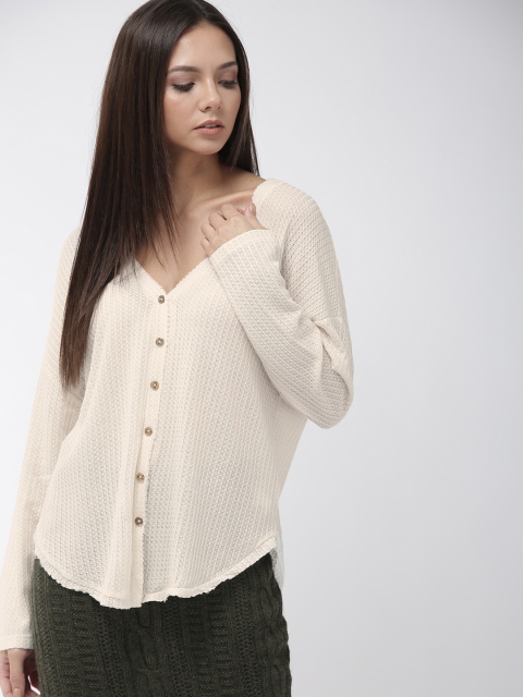 

FOREVER 21 Women Beige Self Design Boxy Top