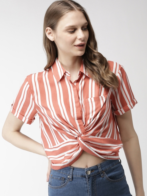 

FOREVER 21 Women Coral Orange & White Striped Blouson Top