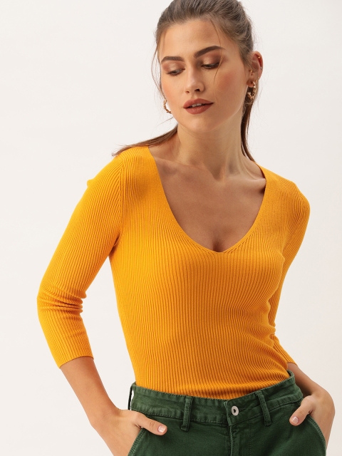 

FOREVER 21 Women Mustard Yellow Self-Striped Fitted Knitted Top