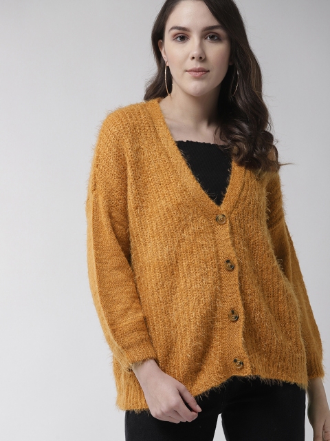 

FOREVER 21 Women Mustard Brown Self-Striped Fuzzy Cardigan