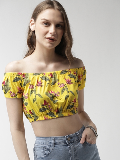 

FOREVER 21 Women Yellow Printed Cropped Bardot Top