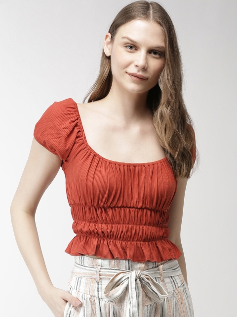 

FOREVER 21 Women Rust Solid Cinched Waist Top
