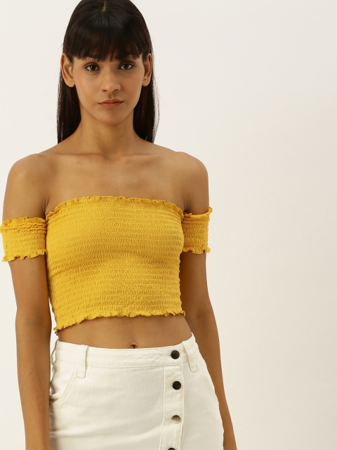 

FOREVER 21 Women Yellow Solid Smocked Cropped Fitted Top With Lettuce Edges