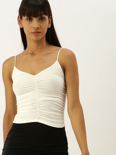 

FOREVER 21 Women White Solid Fitted Top With Gathers