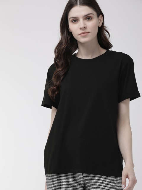 

FOREVER 21 Women Black Solid Round Neck T-shirt