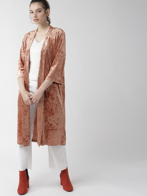 

FOREVER 21 Women Rust Orange Solid Longline Open Front Shrug With Velvet Finish