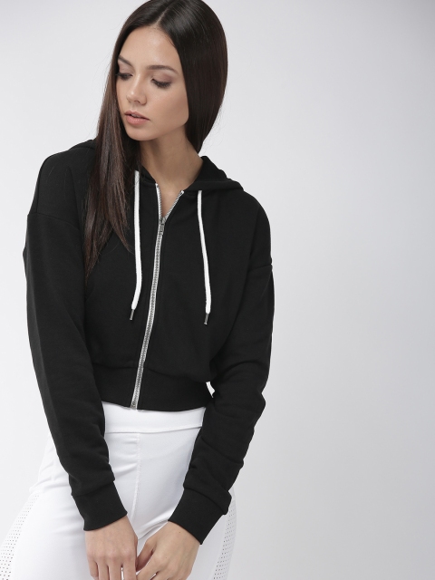 

FOREVER 21 Women Black Solid Hooded Sweatshirt