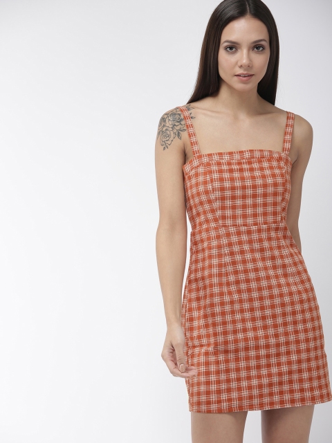 

FOREVER 21 Women Rust Orange & White Checked Sheath Dress