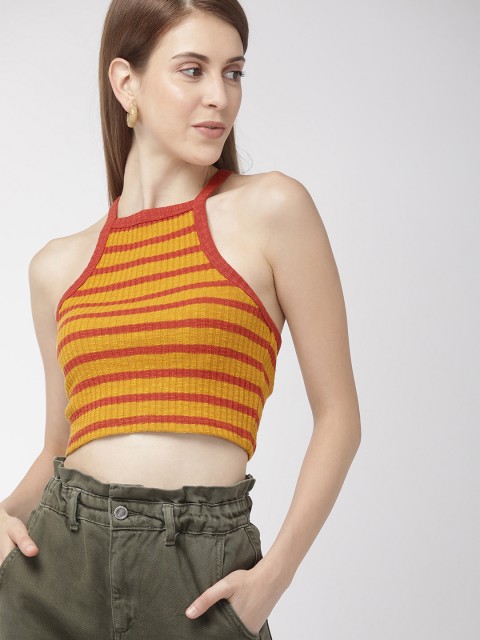 

FOREVER 21 Women Mustard Yellow & Rust Red Striped Styled Back Top
