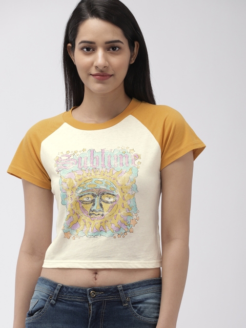 

FOREVER 21 Women Cream-Coloured Printed Round Neck Cropped T-shirt