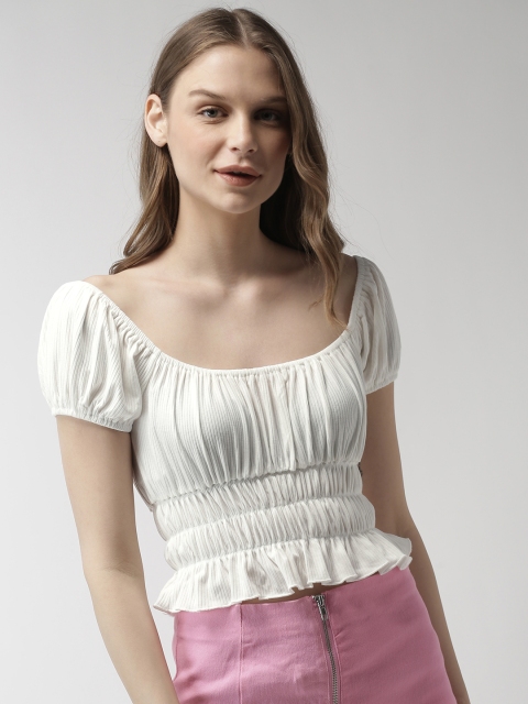 

FOREVER 21 Women Off-White Solid Bardot Top