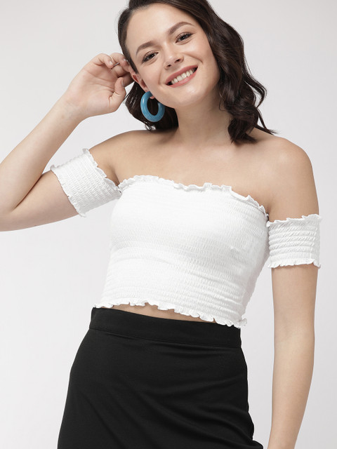 

FOREVER 21 Women White Solid Crop Top With Smocking Detail