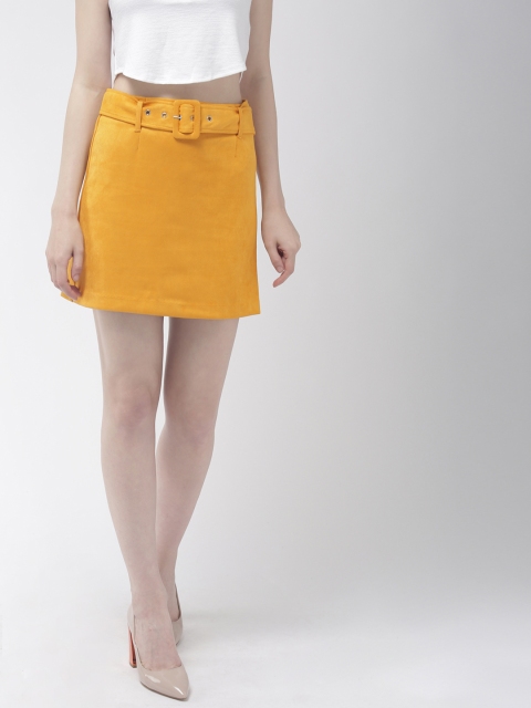 

FOREVER 21 Women Mustard Yellow Solid Straight Suede Mini Skirt