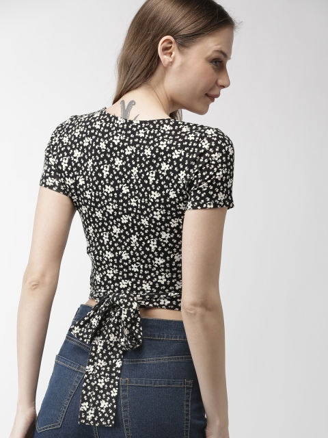 

FOREVER 21 Women Black & Off-White Printed Cropped Wrap Top