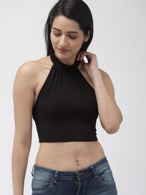 

FOREVER 21 Women Black Solid Fitted Halter Crop Top