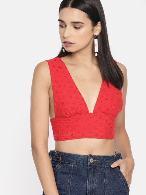 

FOREVER 21 Women Red Self Design Bralette Pure Cotton Top