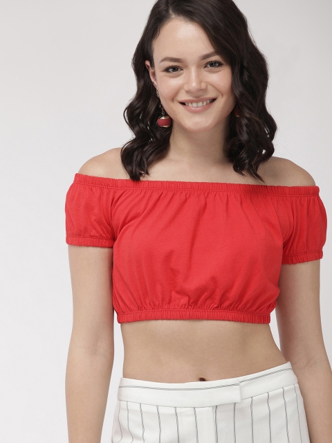 

FOREVER 21 Women Red Solid Blouson Crop Pure Cotton Top