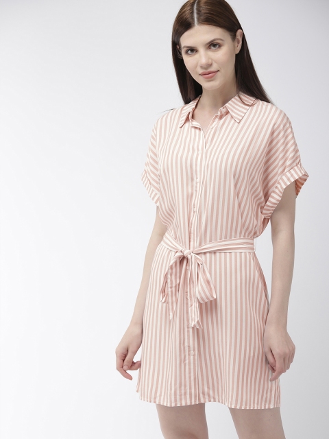 

FOREVER 21 Women Pink & White Striped Shirt Dress