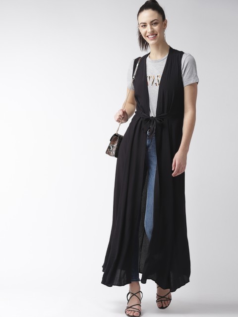 

FOREVER 21 Women Black Solid Longline Tie-Up Shrug