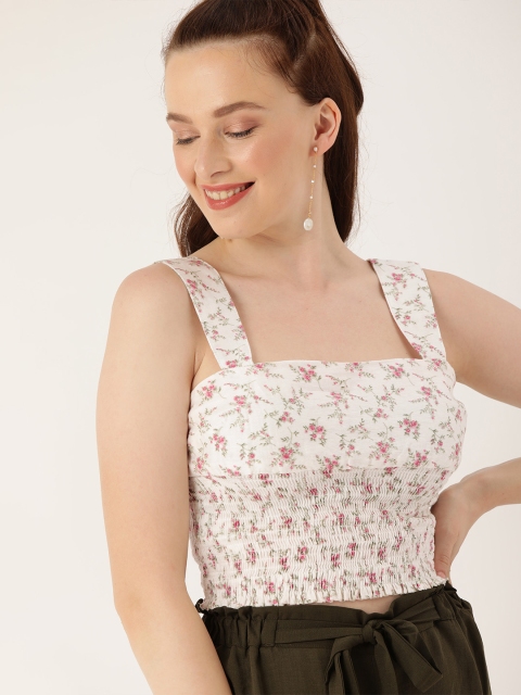 

FOREVER 21 Women Off-White & Pink Ditsy Floral Printed Smocked Fitted Crop Top
