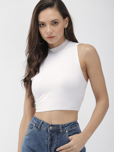 

FOREVER 21 Women White Solid Fitted Crop Top