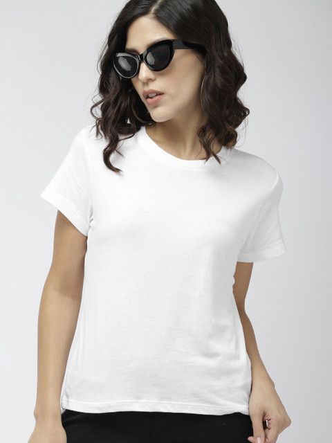 

FOREVER 21 Women White Solid Round Neck T-shirt