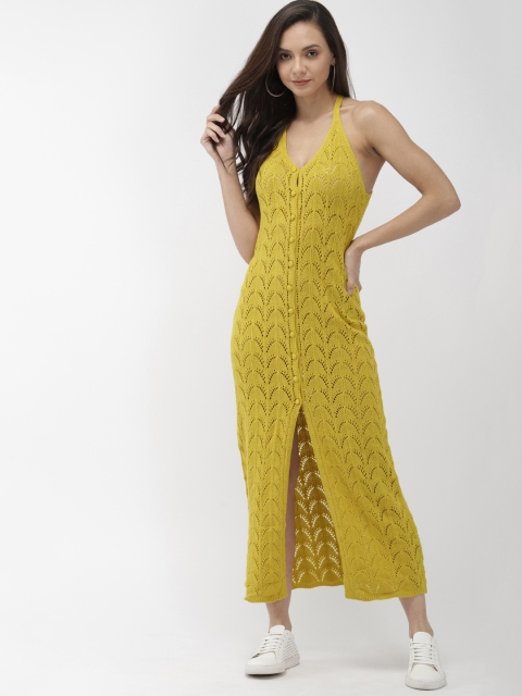

FOREVER 21 Women Self Design Mustard Yellow Sweater Semi Sheer Dress