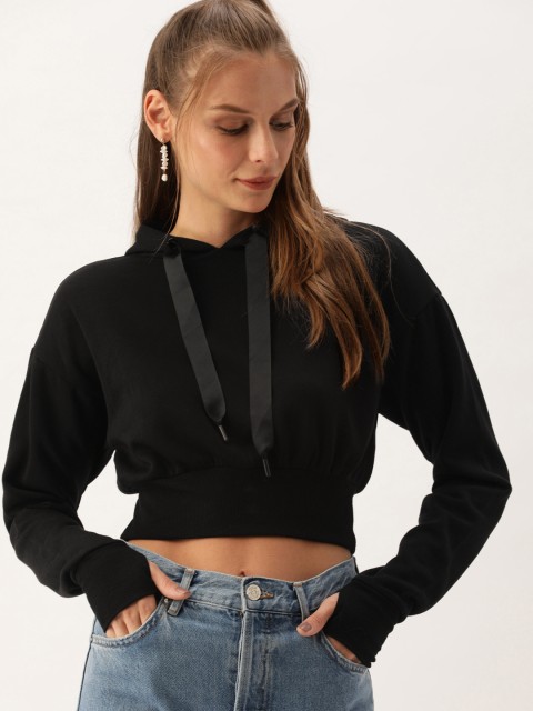 

FOREVER 21 Women Black Solid Hooded Crop Sweatshirt