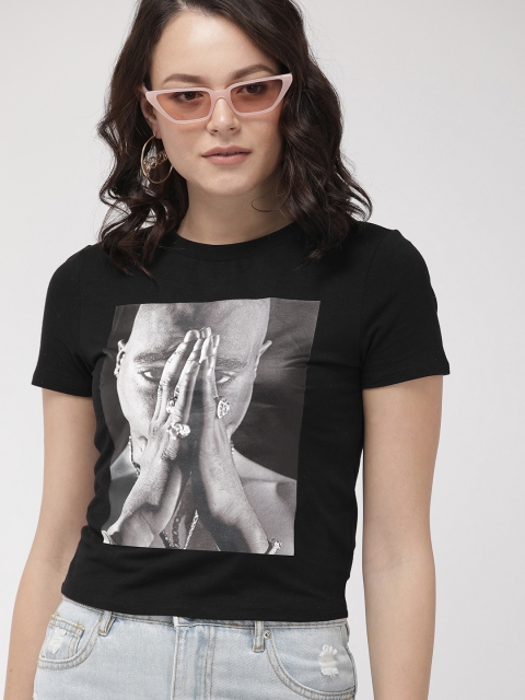 

FOREVER 21 Women Black Printed Round Neck T-shirt