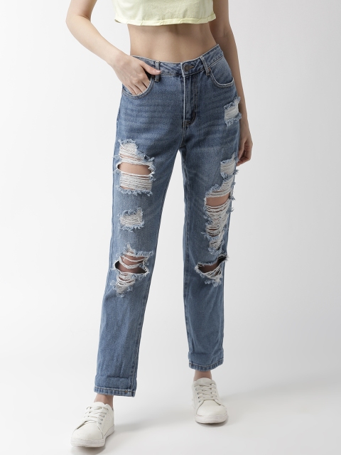 

FOREVER 21 Women Blue Regular Fit Mid-Rise Highly Distressed Jeans