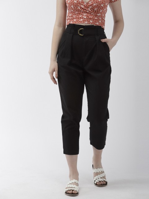

FOREVER 21 Women Black Regular Fit Solid Cropped Peg Trousers